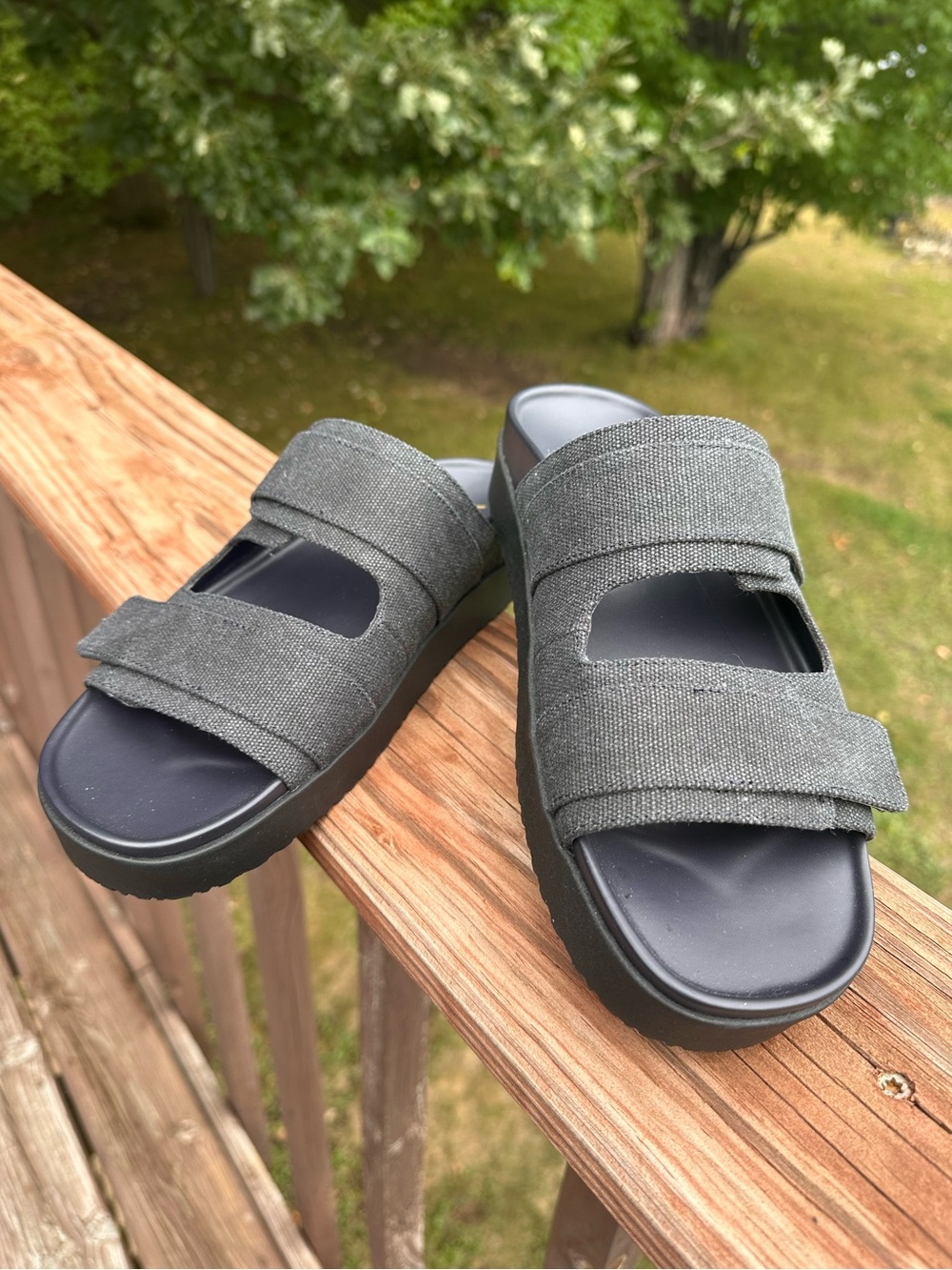 Gray Vionic Canvas Slide Sandals with Adjustable Straps